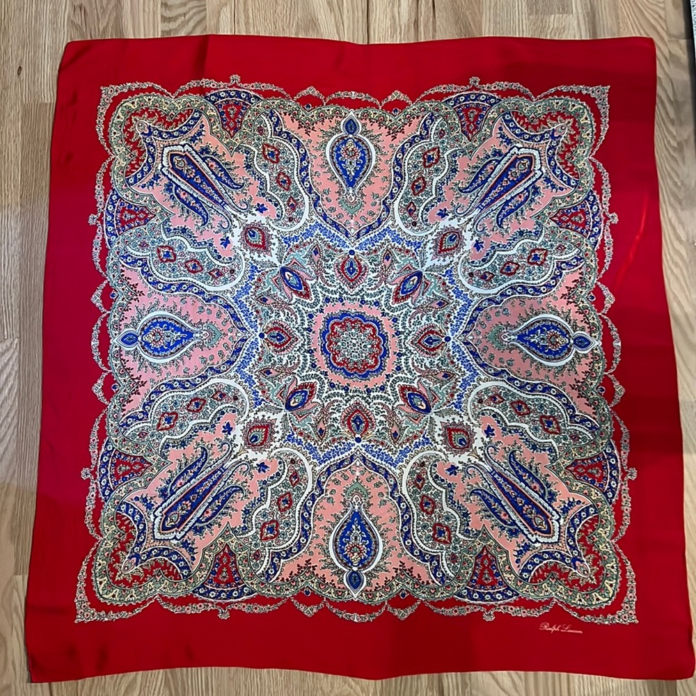 Vintage Ralph Lauren 100% Silk Blue Label Made In Japan Scarf 29 x 29” Square